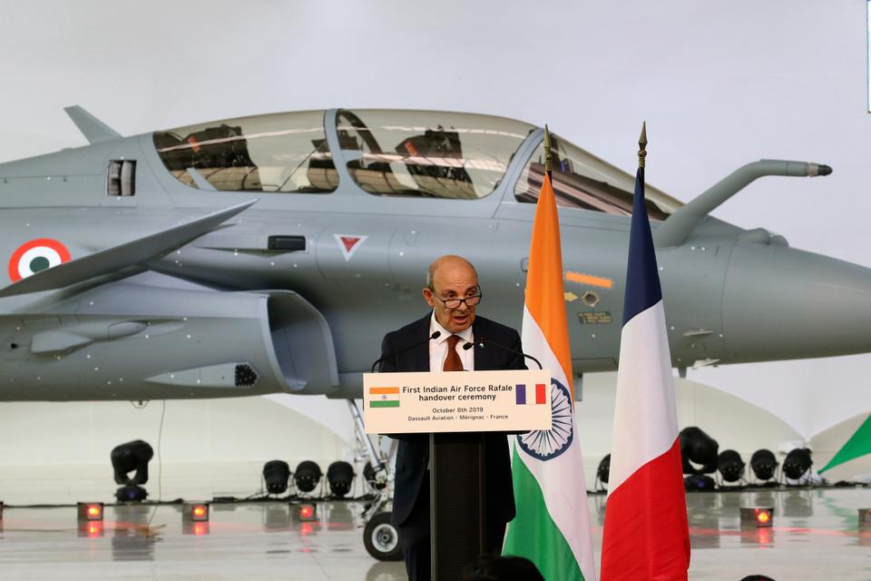 Dassault Aviation CEO Eric Drapier delivers his speech during a ceremony at the Dassault Aviation plant in Merignac, southwestern France, Oct 8, 2019. Indian defence minister Rajnath Singh formally accepted the first Rafale fighter jet after India had signed a deal with the French government and Dassault in September 2016 to acquire 36 Rafale fighter jets.