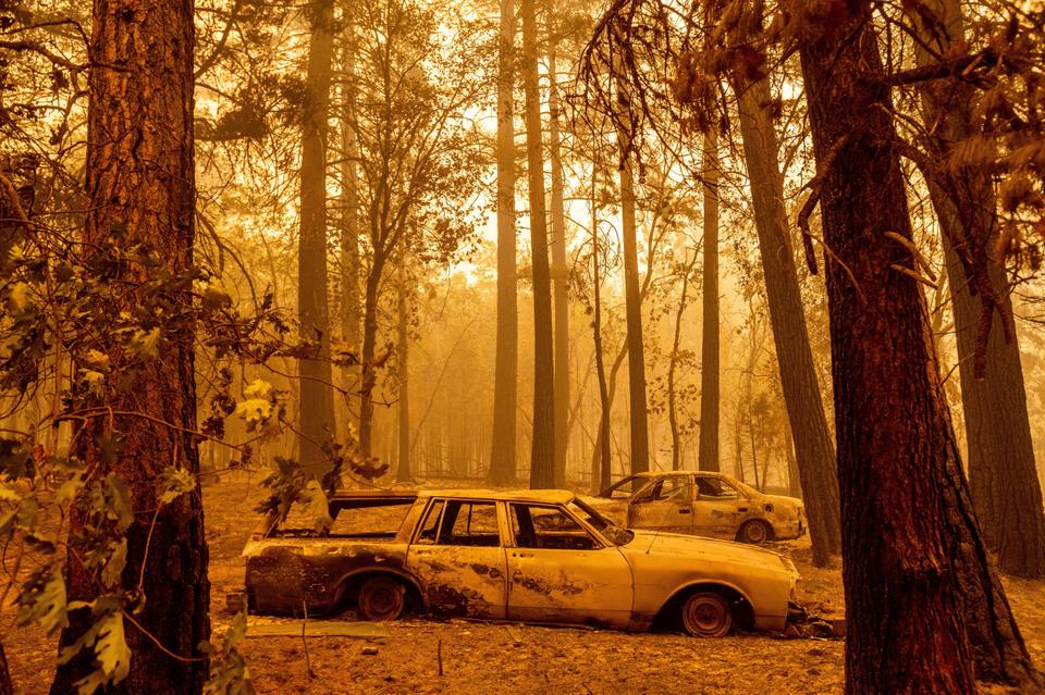 Following the Dixie Fire, scorched cars are seen in a clearing in the Indian Falls community of Plumas County, California, July 25, 2021.