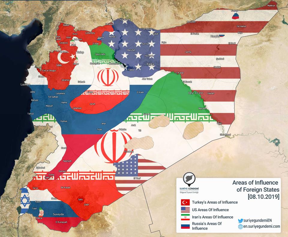 A map of the areas of influence of various countries in Syria before Operation Peace Spring.