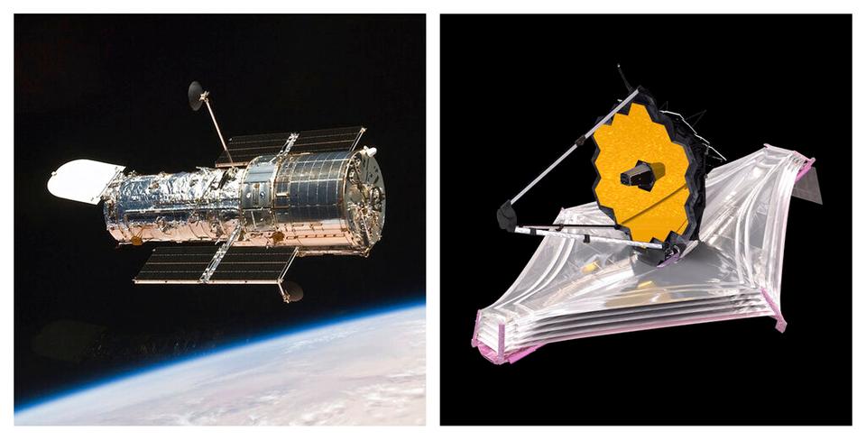 This combination of images provided by NASA shows an illustration of the Hubble Space Telescope and the James Webb Space Telescope orbiting the Earth. With NASA and the Hubble Space Telescope of the European Space Agency pushing for 32 years in orbit, the Webb, which is large and 100 times more powerful, is widely seen as a successor, even if the two are very different.