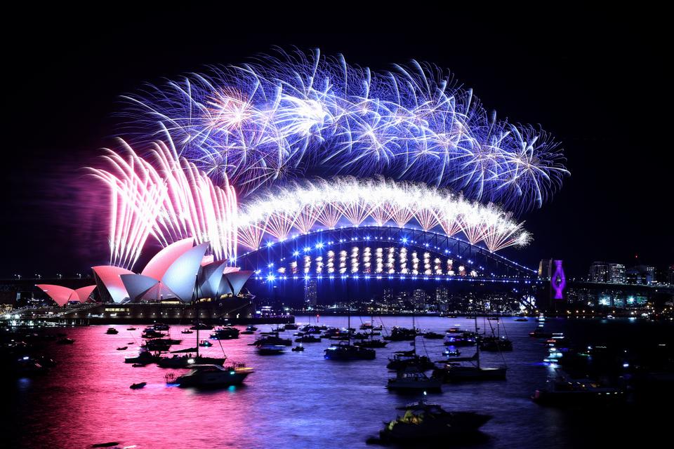 Fireworks explode at Sydney Harbor during New Year's Eve celebrations in Sydney, Australia.