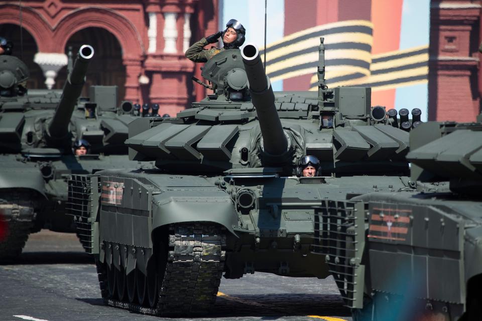 Russian T-72B3 tanks move along Red Square during a rehearsal for the Victory Day military parade in Moscow.