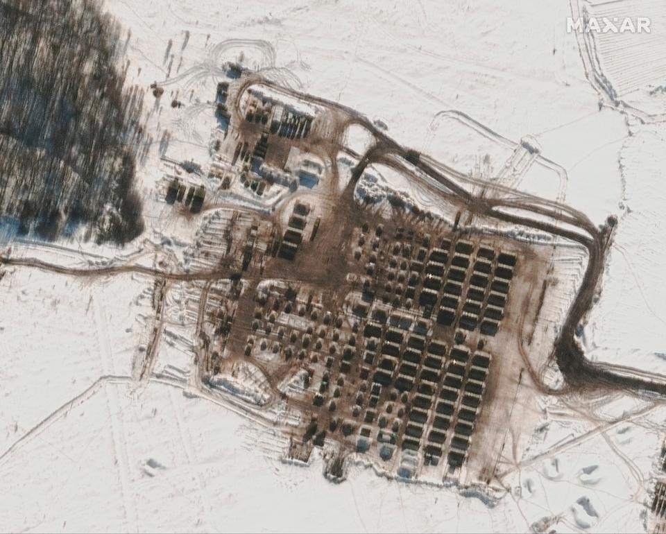 This satellite image provided by Maxar Technologies shows a close up of tents and a troop housing area in Russia's Kursk, approximately 110 kilometres to the east of the border with Ukraine.