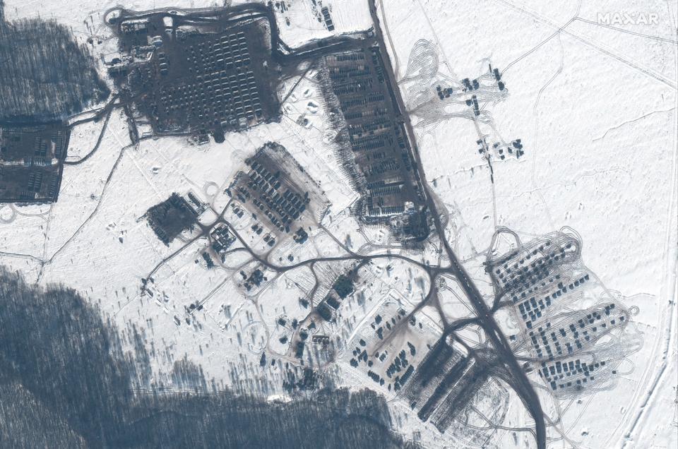 A satellite image provided by Maxar Technologies shows troops and equipment at the Kursk training area, Russia, on February 14.