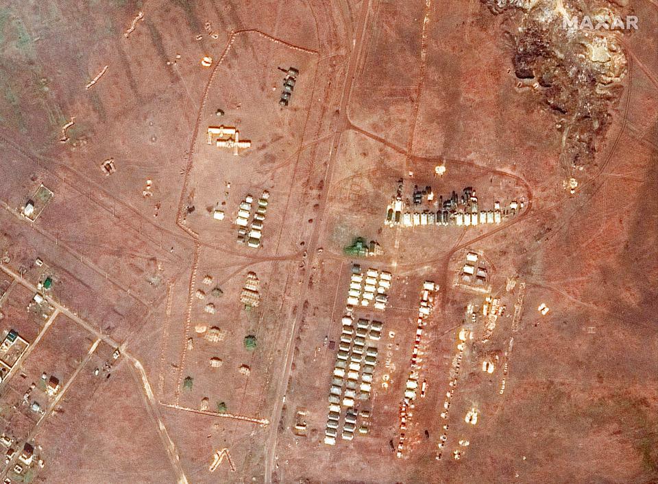 This Friday, February 18, 2022, satellite images provided by Maxar Technologies, Ground Forces units, military tents, and field hospitals remain deployed in Novoozernoye, Crimea.
