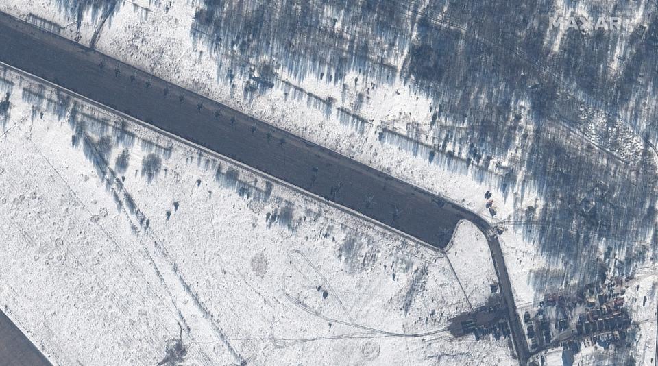 A satellite image shows attack helicopter deployments at Zyabrovka airfield in Belarus on February 15, 2022. Picture taken February 15, 2022. [Maxar Technologies]