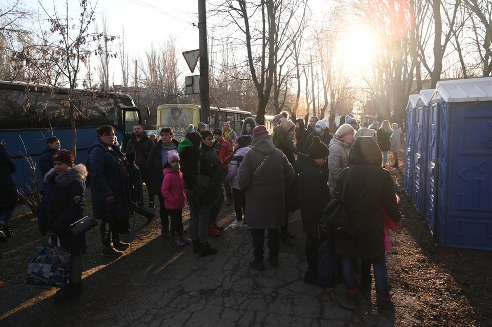 Civilians evacuated from Donetsk and Luhansk, located in Donbas region, arrive in Rostov, Russia following their evacuation.