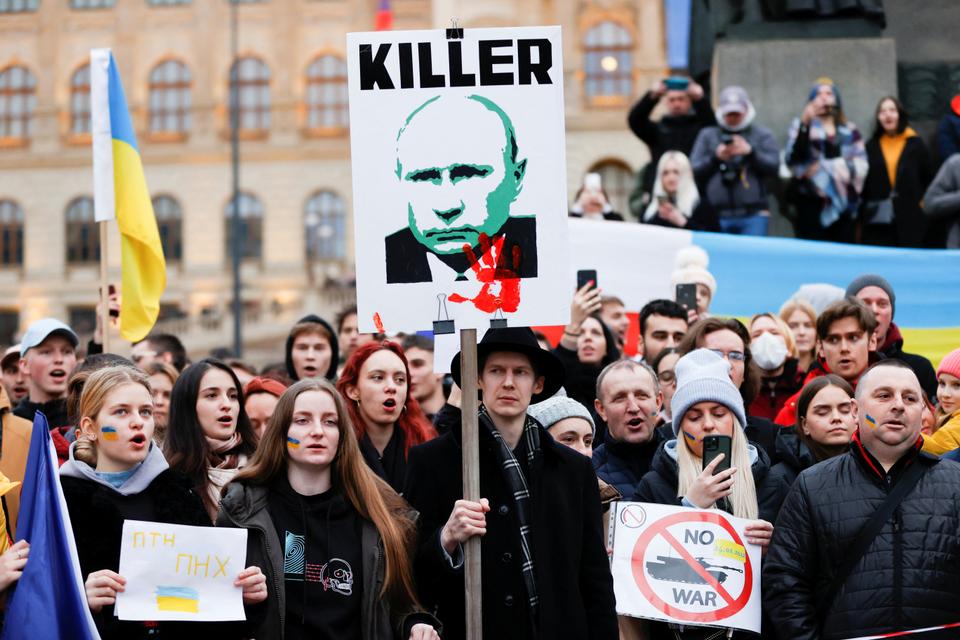 Demonstrators attend a rally in support of Ukraine after Russia launched a military operation in eastern Ukraine, in Prague, Czech Republic.