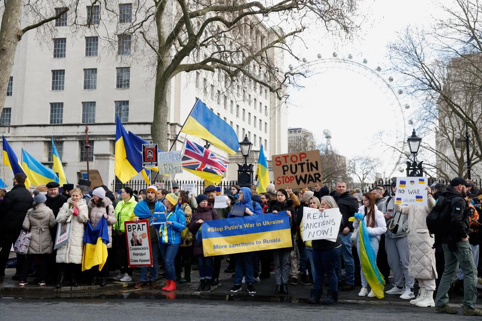 People take part in a pro-Ukrainian demonstration near Downing Street, in London, Britain.