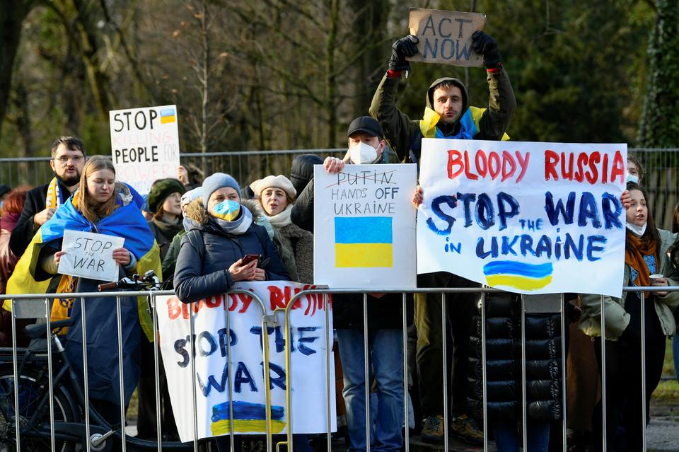 People protest against Russia's attack on Ukraine, outside the Dutch parliament in The Hague, Netherlands.