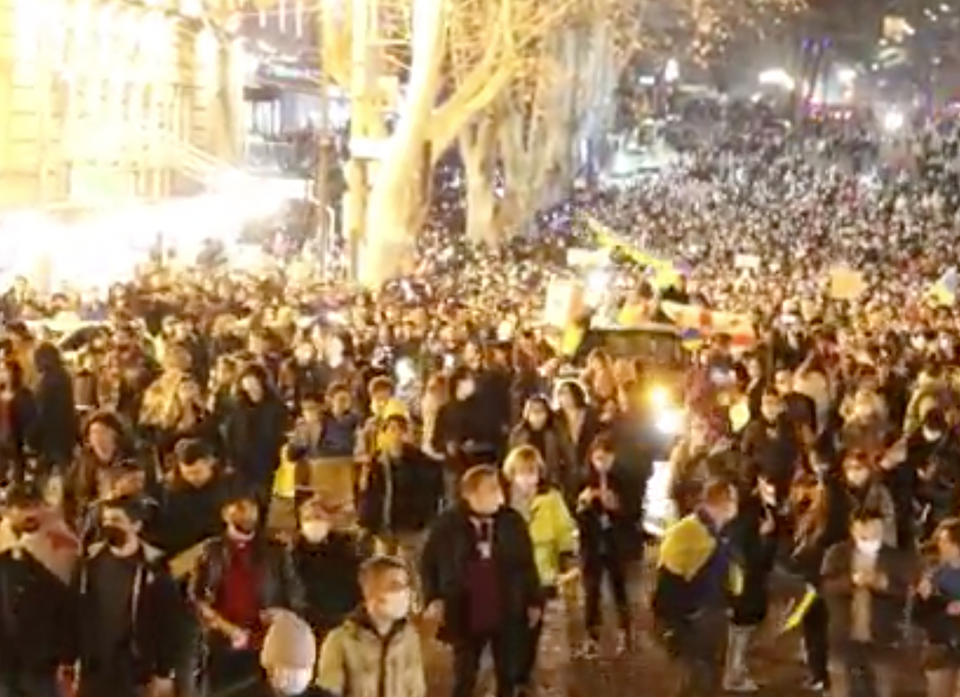 Hundreds of Georgian people take to the streets in the capital Tbilisi protesting against the Russian attack on Ukraine.