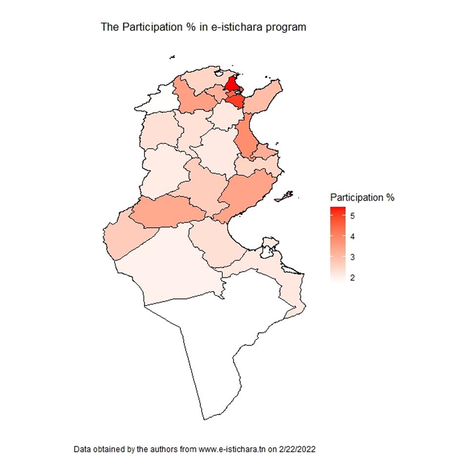 The percentage of participation in the e-istichara program by governorate. Participation data calculated by dividing the total number of participants by the voting-age population (2019) within each governorate.