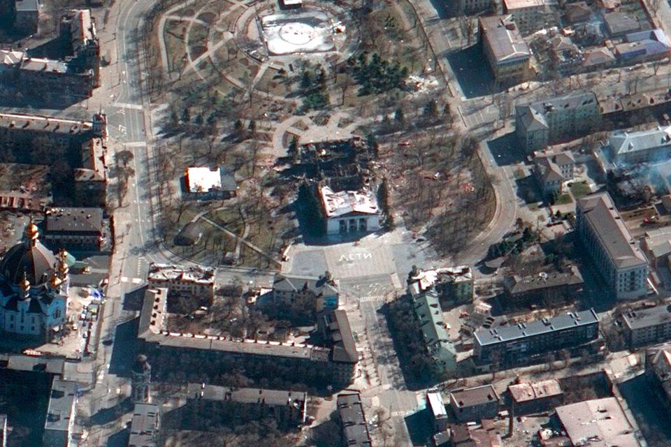 This satellite image provided by Maxar Technologies on Saturday, March 19, 2022 shows the aftermath of the airstrike on the Mariupol Drama Theater in Ukraine and the area around it.