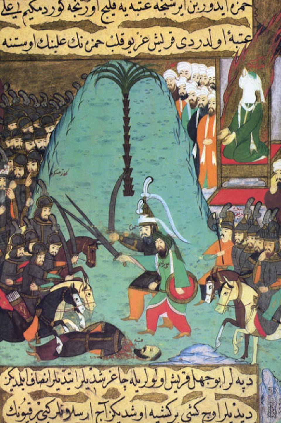 Prophet Muhammed's leading companions, Hamza and Ali, lead the Muslim army at Badr, according to an Ottoman Naskh.