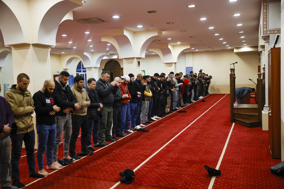 Muslims attend iftar and tarawih prayer at Islamic Culture Center Mosque during Laylat al Qadr in Kyiv, Ukraine.