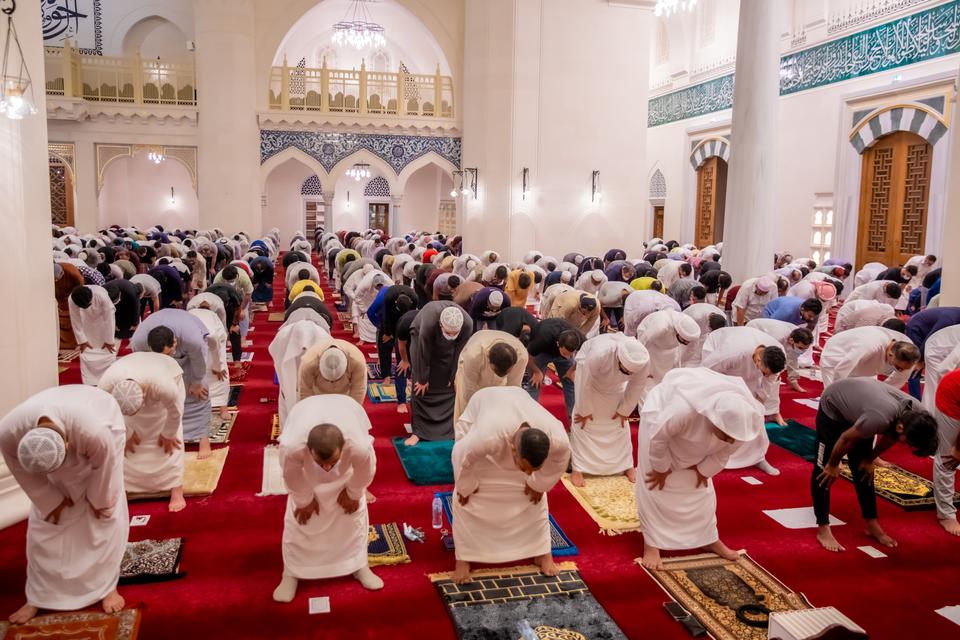 Muslims perform prayer at the Sharjah Mosque during Laylat al Qadr in the emirate of Sharjah, United Arab Emirates.