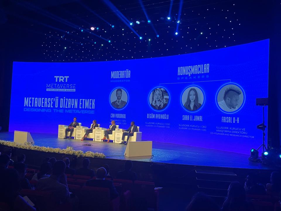 In the panel ‘Designing the Metaverse’, Can Yurdakul (L), CEO of STANDBY.ME, moderated a discussion with ILLUSORR co-founders Sara El Jamal, Begum Aydinoglu and Faisal U-K about the TRT Metaverse and the significance of the project for the industry.