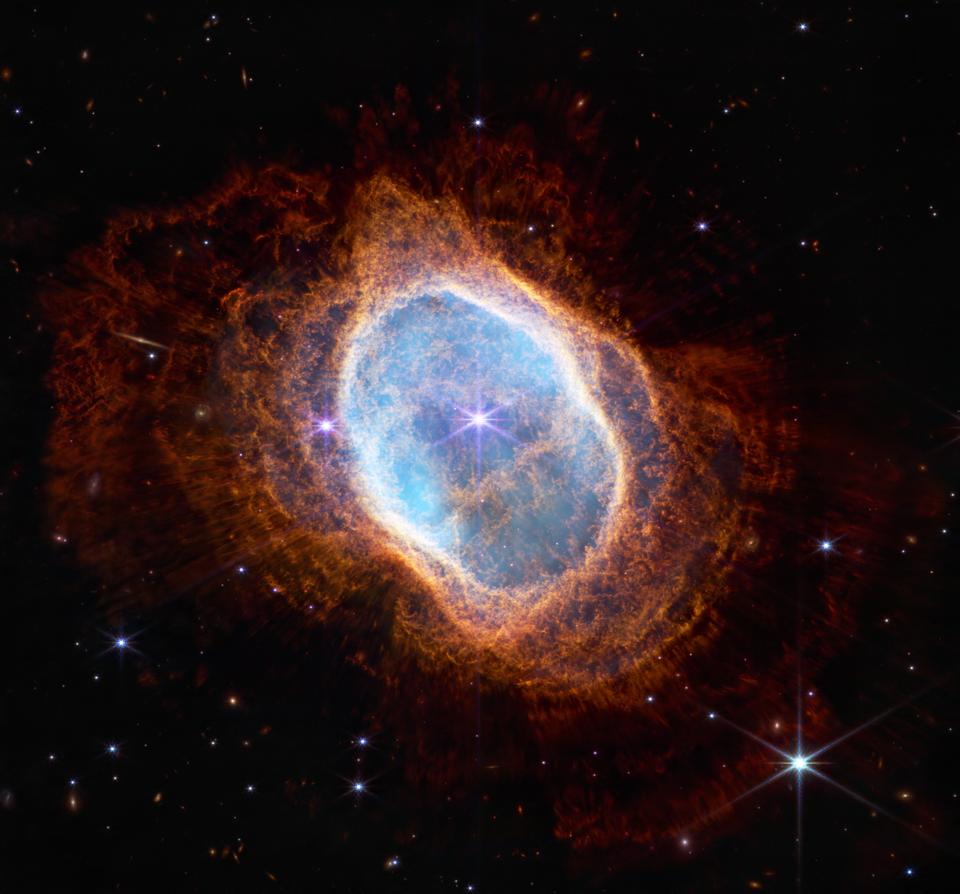 The bright star at the center of NGC 3132, the Southern Ring Nebula, for the first time in near-infrared light. A second star, barely visible at lower left along one of the bright star’s diffraction spikes, is the nebula’s source. It has ejected at least eight layers of gas and dust over thousands of years.