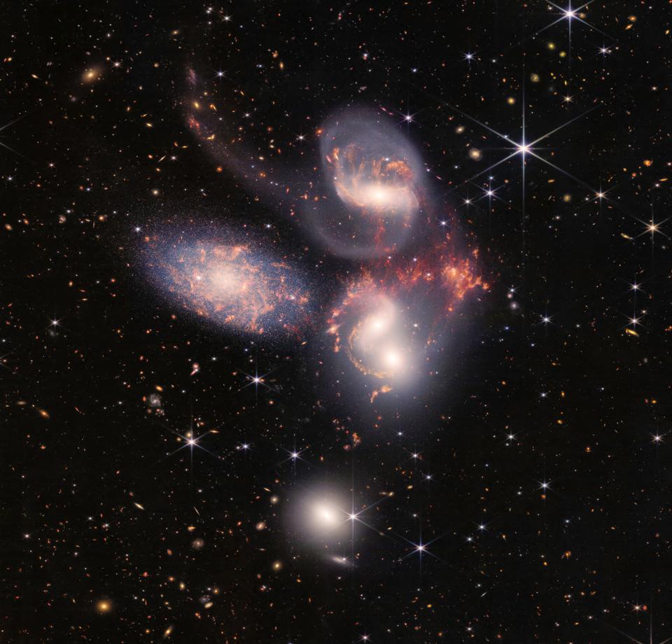 A visual grouping of five galaxies, in a new light. This enormous mosaic is JWST’s largest image to date, covering about one-fifth of the Moon’s diameter. It contains over 150 million pixels and is constructed from almost 1,000 separate image files.