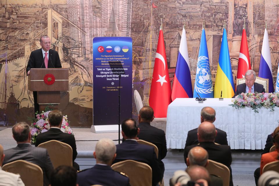 Erdogan has played a critical role for the grain export deal. He speaks during the opening ceremony of the Istanbul-based Joint Coordination Center, which monitors the implementation of the deal.