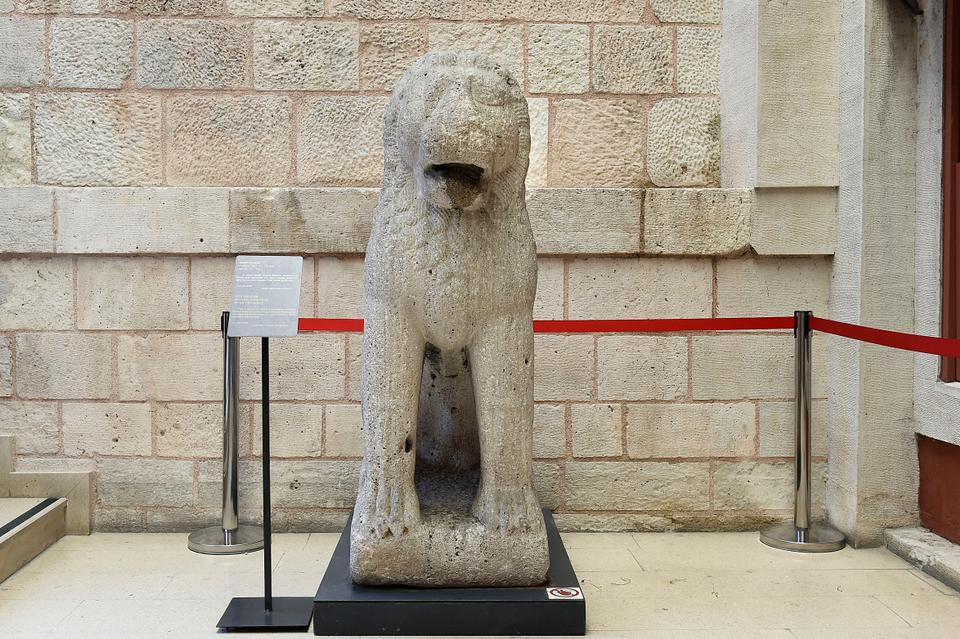 One of the double lion sculptures guarding Konya Aleaddin Kiosk that dates back to the Anatolian Seljuk period, 13th century.