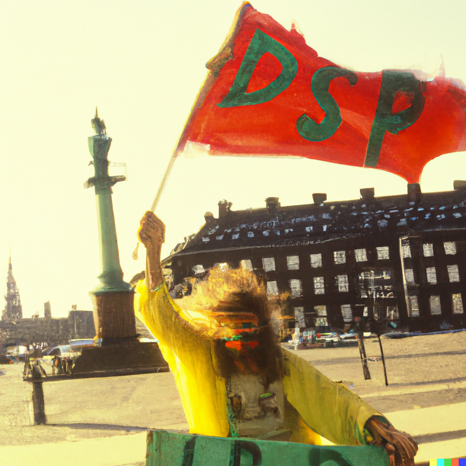 A flag of The Synthetic Party being waved in front of Christiansborg, the Danish parliament building in Copenhagen. The party hopes to stand in the country’s next general election in June 2023.