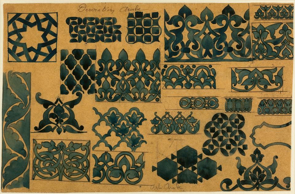 “Decoration arabe,” studies of Arab art and Arab-style patterns, after Jones, The Grammar of Ornament, Cartier Paris, c. 1910, graphite and India ink on tracing paper. Archives Cartier Paris.