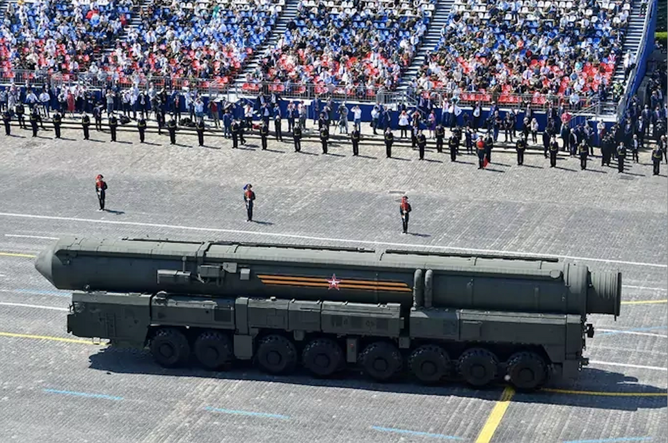 A Russian intercontinental ballistic missile is driven during the Victory Day Parade in Red Square in Moscow, June 2020