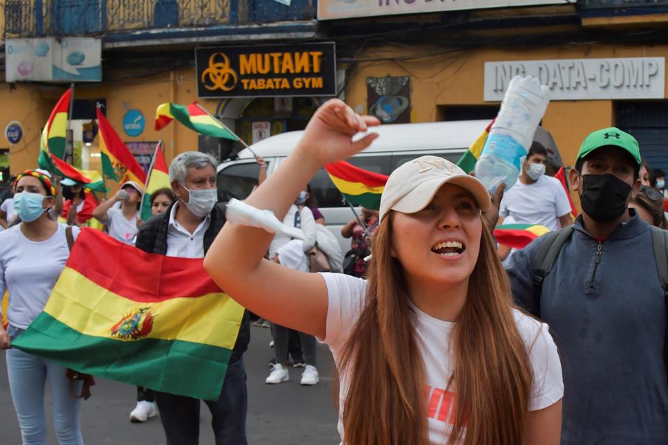 Demonstrators take part in a protest to demand the release of Santa Cruz governor and right-wing opposition leader Luis Fernando Camacho, imprisoned over an alleged coup in 2019, in Cochabamba, Bolivia.