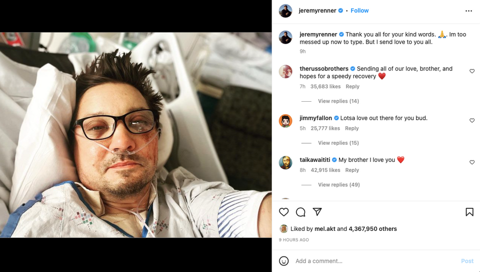 The actor posted a selfie from his hospital bed in Nevada on Tuesday, showing him looking bruised with oxygen tubes in his nose.