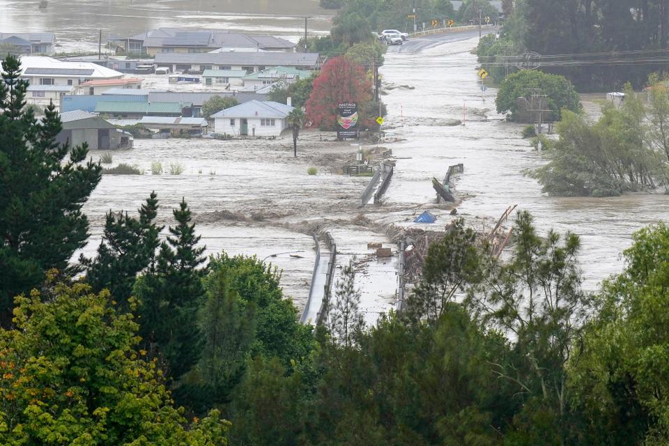 An aerial photo taken on Tuesday shows the floooding near the country's city of Napier amid a national state of emergency declaration.