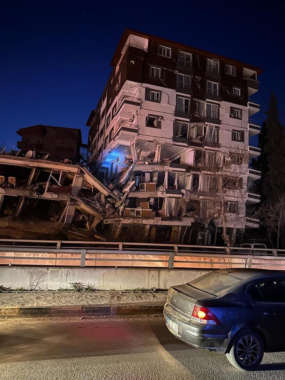 The apartment building in which Alpaslan Koseoglu lived as it was after the February 6 earthquakes.