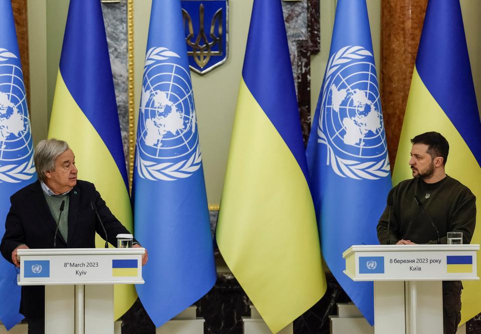 Ukraine's President Volodymyr Zelenskyy and U.N. Secretary-General Antonio Guterres attend a joint news briefing, amid Russia's attack on Ukraine, in Kiev, Ukraine March 8, 2023.