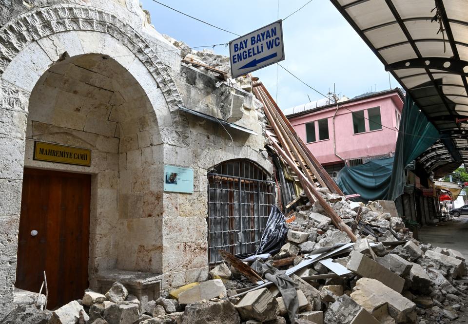 Only the tunnel-shaped entrance, right under the minaret, remains from the 600-year-old Mahremiye Mosque in Hatay.