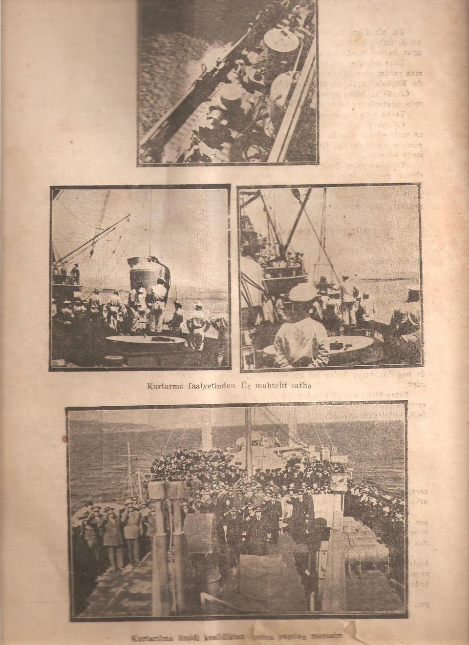 Pictures show different stages of Turkish rescue operation including getting a diving bell (second line on the left) into sea to rescue survivors from the Dumlupinar submarine.