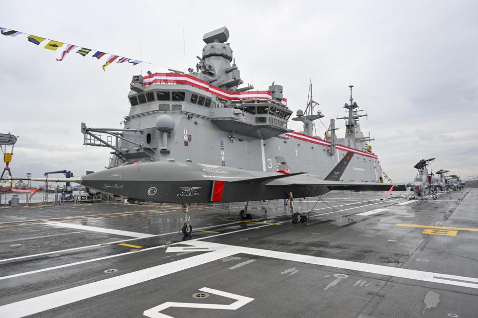 Kizilelma (Red Apple) UCAV is seen on the deck of the world's first armed unmanned aerial vehicle (SIHA) ship and Turkiye's largest warship, the Multi-Purpose Amphibious Assault Ship TCG Anadolu.