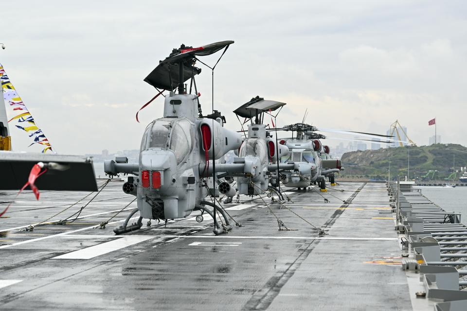 A view of the world's first armed unmanned aerial vehicle (SIHA) ship and Turkiye's largest warship, the Multi-Purpose Amphibious Assault Ship TCG Anadolu after the TCG Anadolu Ship Delivery Ceremony and New MİLGEM Frigates Steel Cutting Ceremony at Sedef Shipyard in Tuzla district of Turkiye's Istanbul