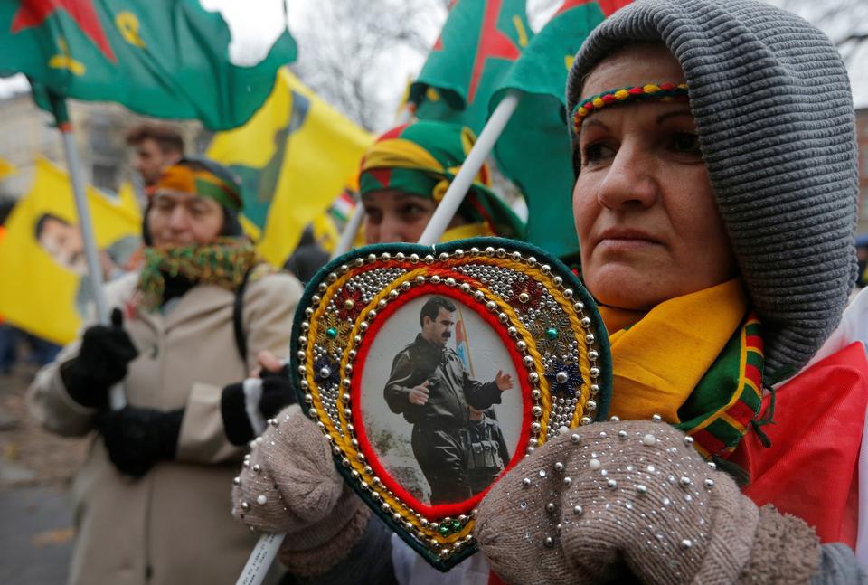 PKK supporters in Strasbourg, France carried flags and portraits of jailed leader Abdullah Ocalan on February 17, 2018.