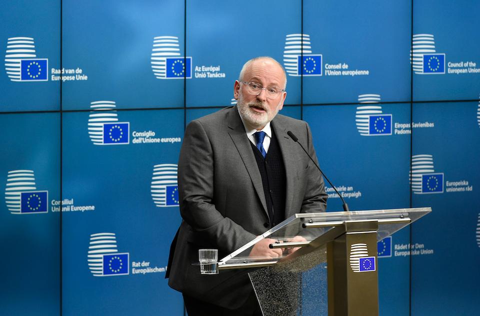 European Commissioner for Better Regulation, Inter-Institutional Relations, the Rule of Law and the Charter of Fundamental Rights Frans Timmermans speaks during a joint press conference with Bulgarian Vice premier minister and Foreign Minister Ekaterina Zaharieva after a General Affairs Council meeting at the EU headquarters in Brussels on February 27, 2018.