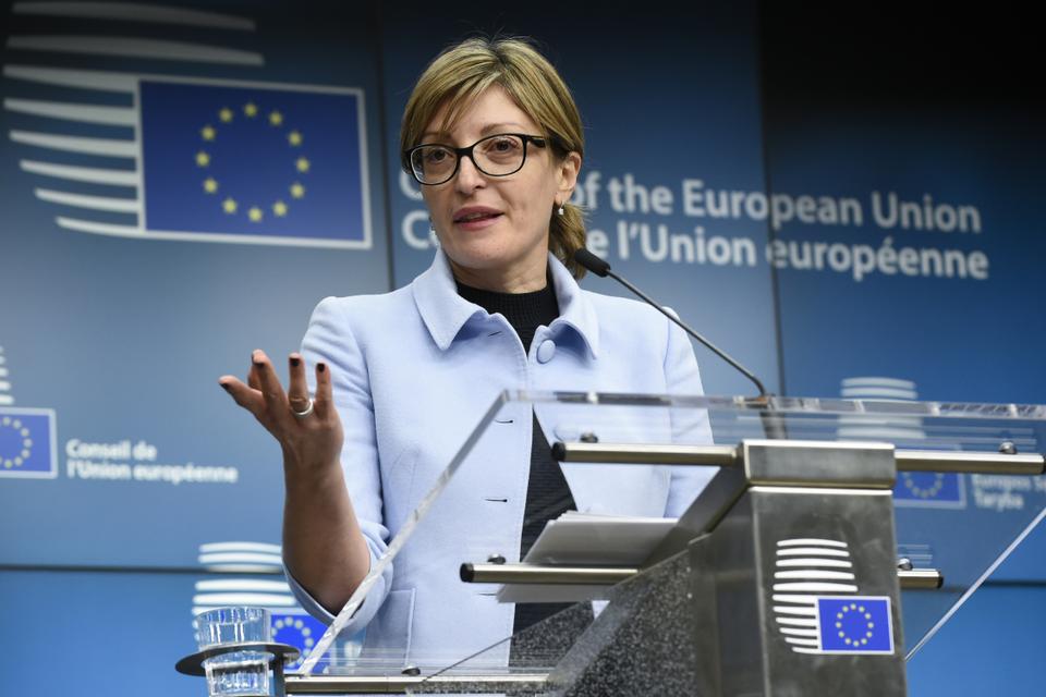Bulgarian Vice premier minister and Foreign Minister Ekaterina Zaharieva speaks during a joint press conference with European Commissioner for Better Regulation, Inter-Institutional Relations, the Rule of Law and the Charter of Fundamental Rights Frans Timmermans after a General Affairs Council meeting at the EU headquarters in Brussels on February 27, 2018.