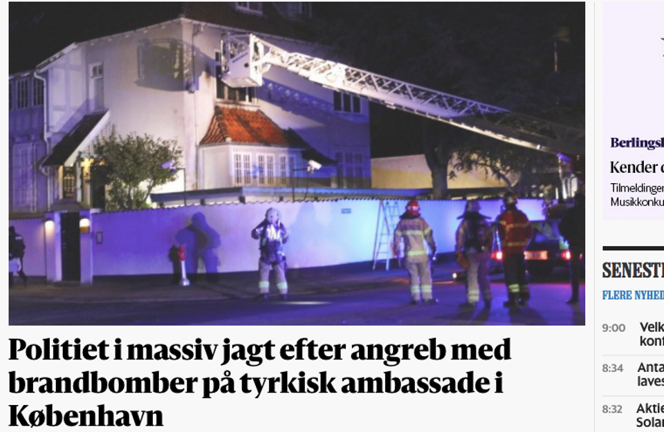 The arson attack on Turkey’s embassy in Copenhagen as it appeared on the Berlingske Tidende daily newspaper’s website.