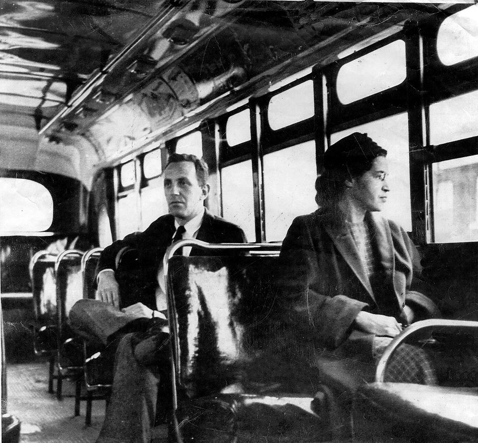 Rosa Parks (R) was arrested for refusing to give her seat to a white man on the Montgomery Area Transit System bus on December 1, 1955. Her arrest sparked massive protests that led to a federal court ruling against segregation in public transportation in Montgomery, where African Americans constitute about 70 percent of the ridership. Parks was named ‘’mother of the civil rights movement’’ for her role in igniting a successful campaign.