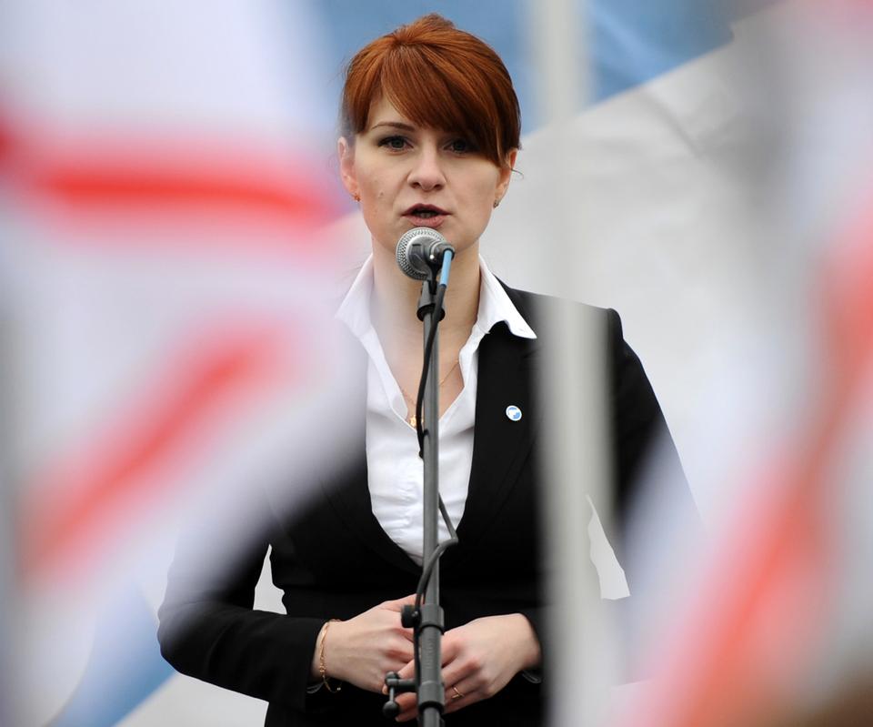 Maria Butina, leader of a pro-gun organisation in Russia, speaks to a crowd during a rally in support of legalizing the possession of handguns in Moscow, Russia. April 21, 2013.