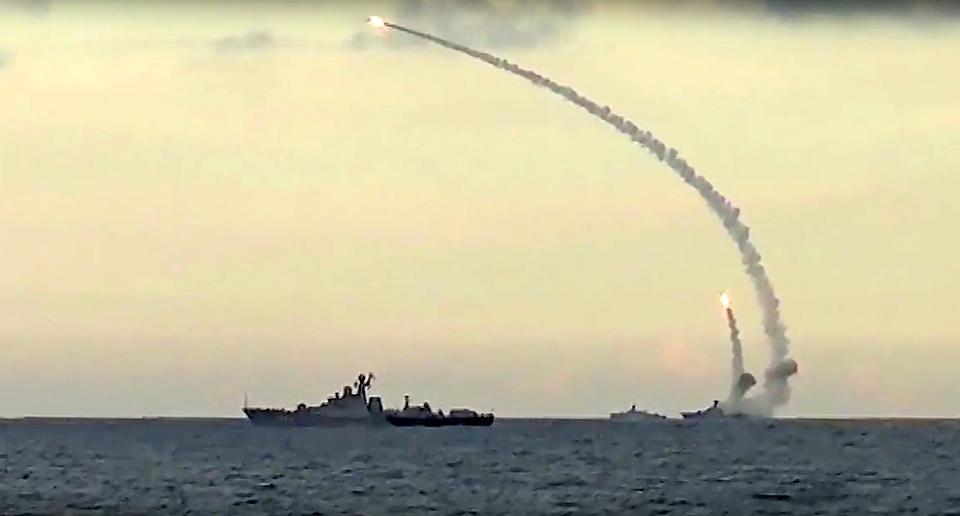 Russian navy ships launch cruise missiles at targets in Syria from the Caspian Sea on Nov. 20, 2015. The attack was more a show of force than eliminating enemies in Syria.