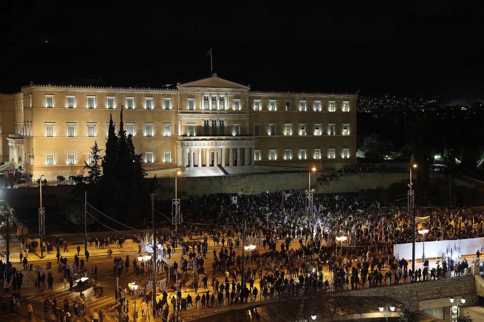 Opponents of the Prespa Agreement participate outside the Greek Parliament during a rally in Athens, Thursday, January 24, 2019.