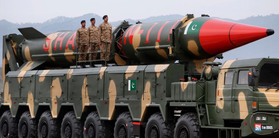 A Pakistani-made Shaheen-III missile, that is capable of carrying nuclear warheads, is loaded on a trailer rolls down during a military parade to mark Pakistan National Day, in Islamabad, Pakistan, Saturday, March 23, 2019.