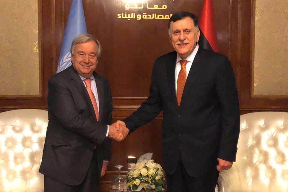 Libyan Prime Minister Fayez al Sarraj shakes hands with Secretary General of the United Nations Antonio Guterres during the meeting in Tripoli, Libya, April 4, 2019.