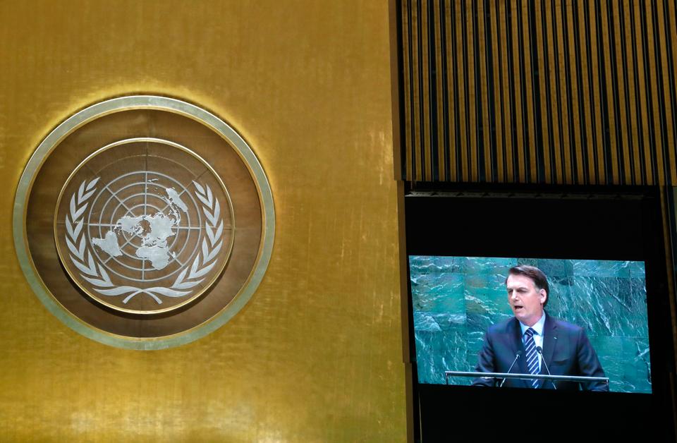 Brazil's President Jair Bolsonaro is seen on a video screen as he addresses the 74th session of the United Nations General Assembly at U.N. headquarters in New York City, New York, U.S., September 24, 2019.