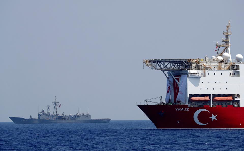Turkish drilling vessel Yavuz is escorted by Turkish Navy frigate TCG Gemlik (F-492) in the eastern Mediterranean Sea off Cyprus, August 6, 2019.