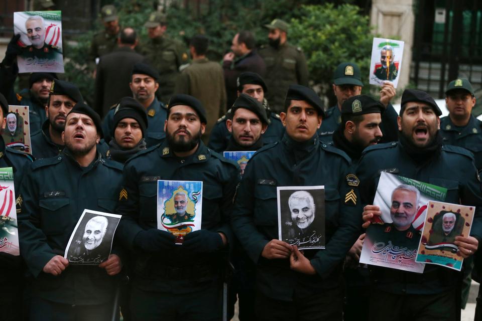 Iranian policemen protest against the assassination of Iranian Major-General Qasem Soleimani in front of the United Nations office in Tehran.